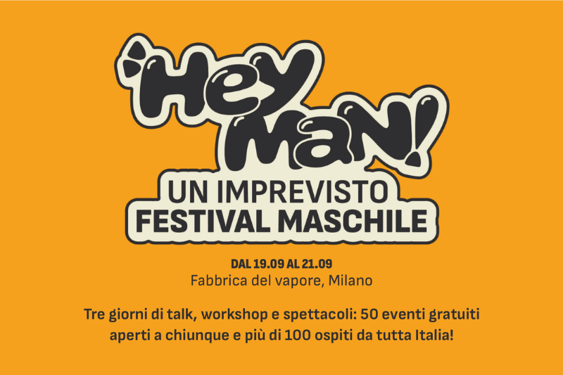 Grafica Arancione Hey Man! Festival con fate e lettering nero su sfondo