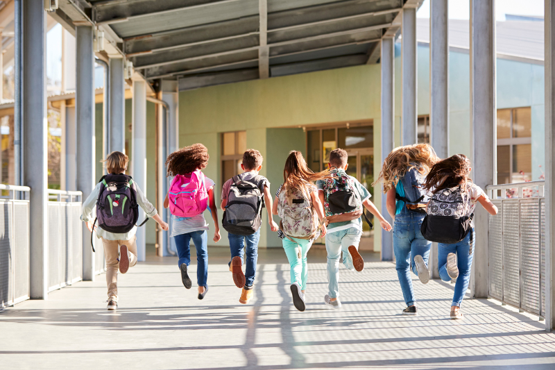 tanti bambini in fila corrono di spalle di fronte all'infresso di una scuola