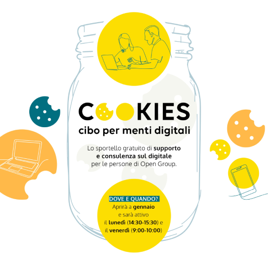 Grafica informativa su Cookies, lo sportello di consulenza e supporto sul digitale per le persone di Open Group