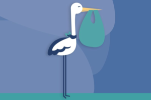 cicogna con fagotto al becco