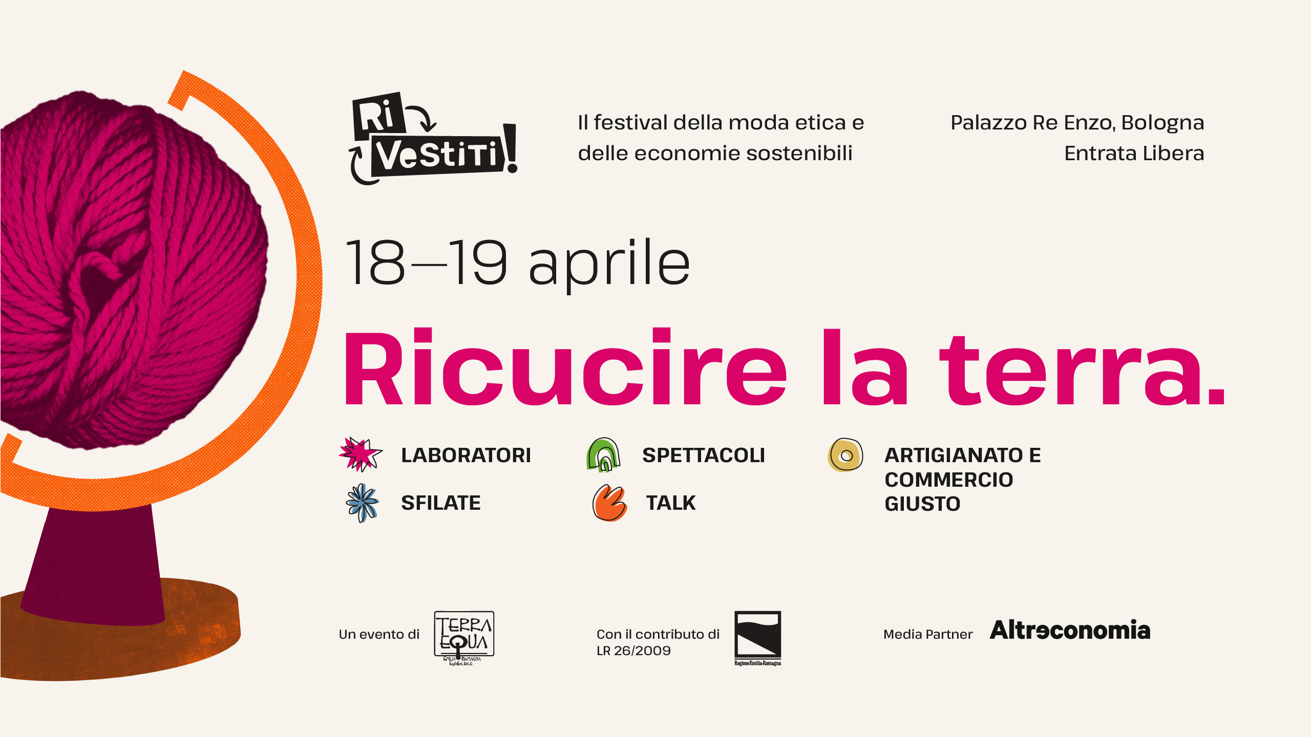 Locandina del festival terra equa con date e claim "ricucire la terra", a sinistra un mappamondo, sul piede loghi istituzionali